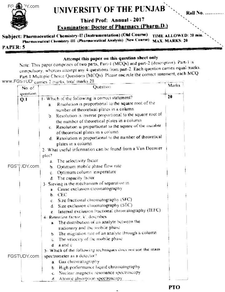 Doctor of Pharmacy Pharmaceutical Chemistry 2 Instrumentation Past Paper 2017 Punjab University Objective