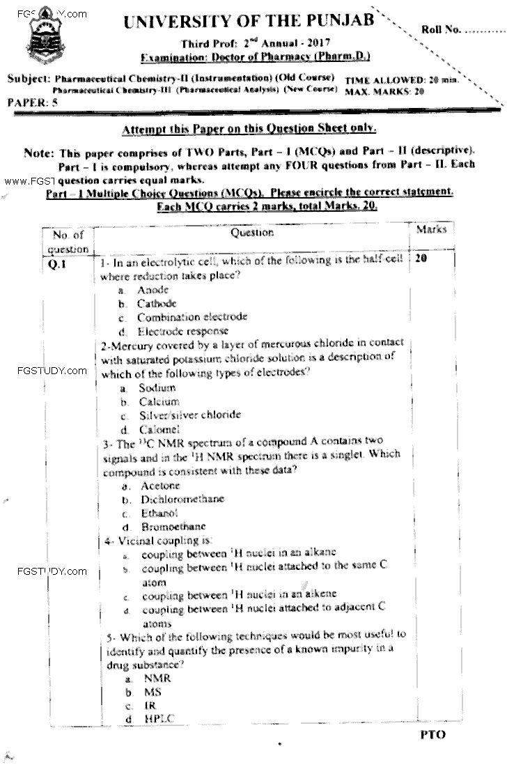 Doctor of Pharmacy Pharmaceutical Chemistry 2 Instrumentation Past Paper 2017 Punjab University Objective
