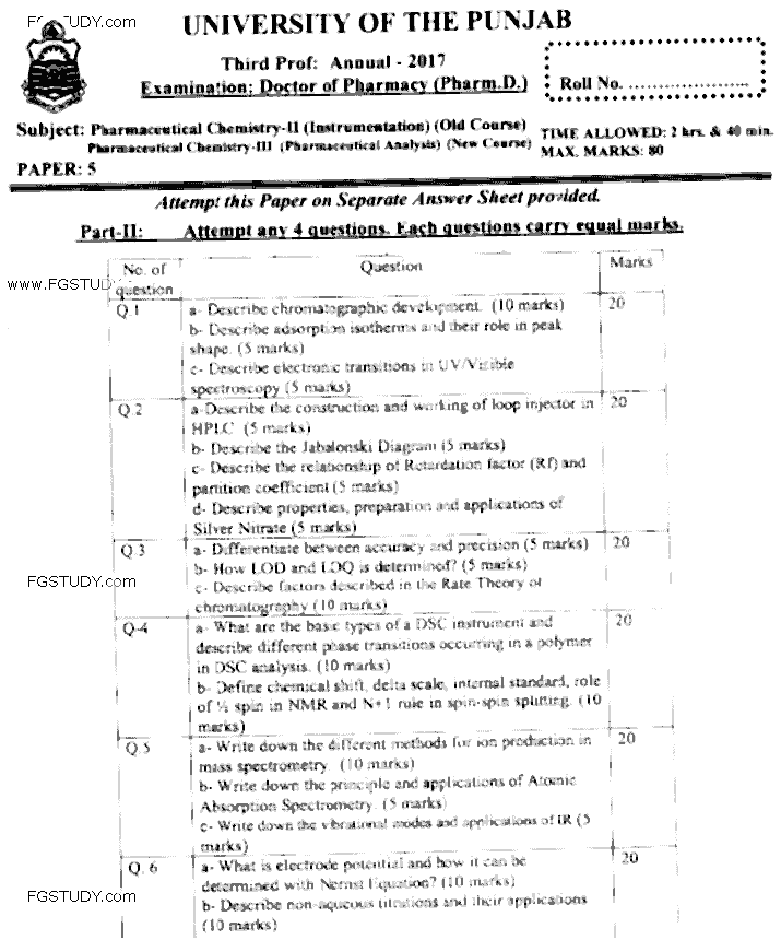 Doctor of Pharmacy Pharmaceutical Chemistry 2 Instrumentation Past Paper 2017 Punjab University Subjective