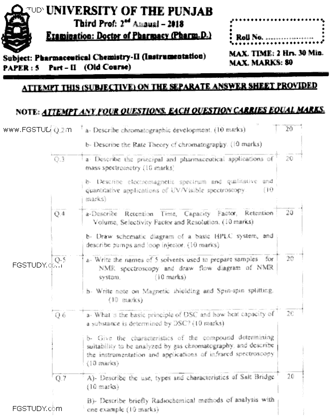 Doctor of Pharmacy Pharmaceutical Chemistry 2 Instrumentation Past Paper 2018 Punjab University Subjective