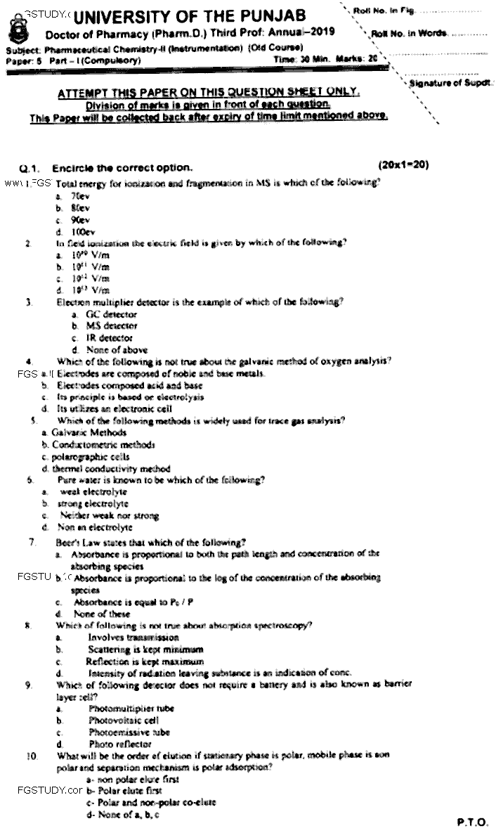 Doctor of Pharmacy Pharmaceutical Chemistry 2 Instrumentation Past Paper 2019 Punjab University Objective