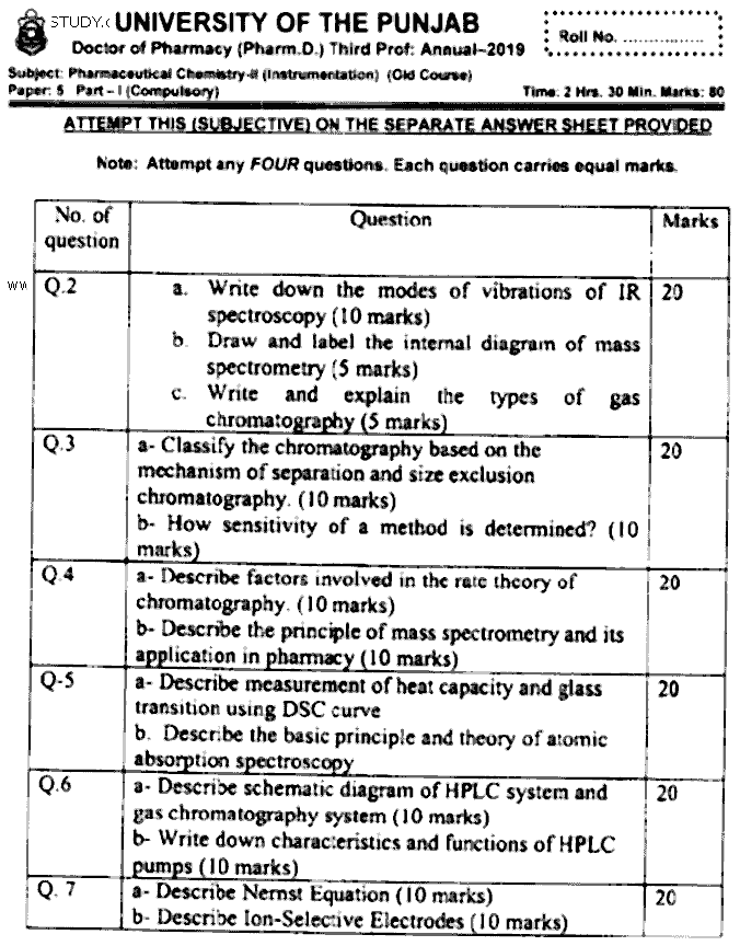 Doctor of Pharmacy Pharmaceutical Chemistry 2 Instrumentation Past Paper 2019 Punjab University Subjective