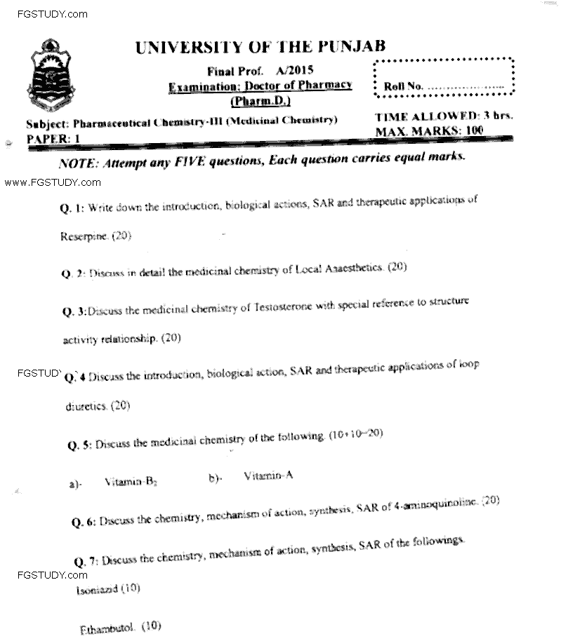 Doctor of Pharmacy Pharmaceutical Chemistry 3 Medicinal Chemistry Past Paper 2015 Punjab University Subjective