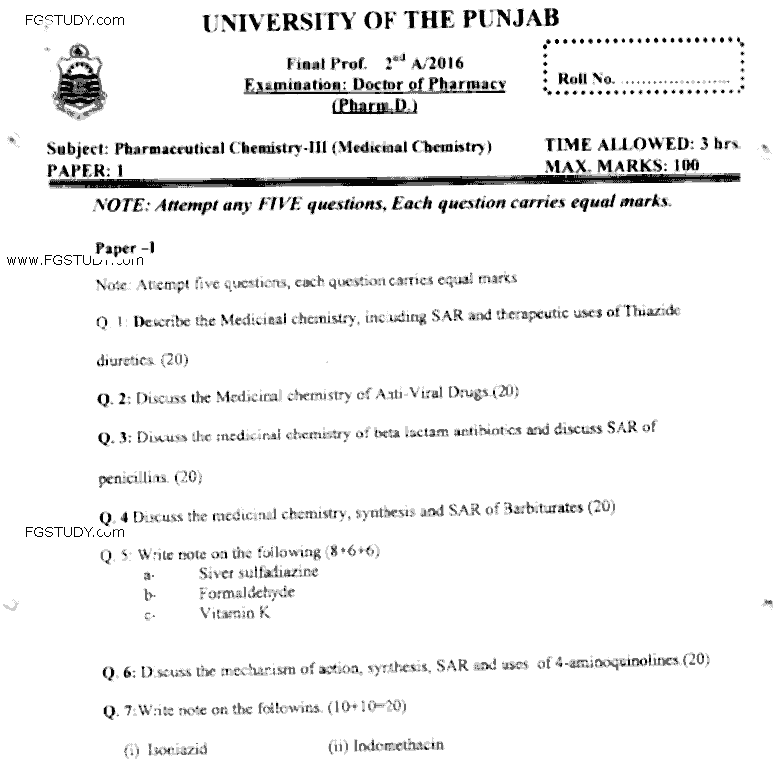 Doctor of Pharmacy Pharmaceutical Chemistry 3 Medicinal Chemistry Past Paper 2016 Punjab University Subjective