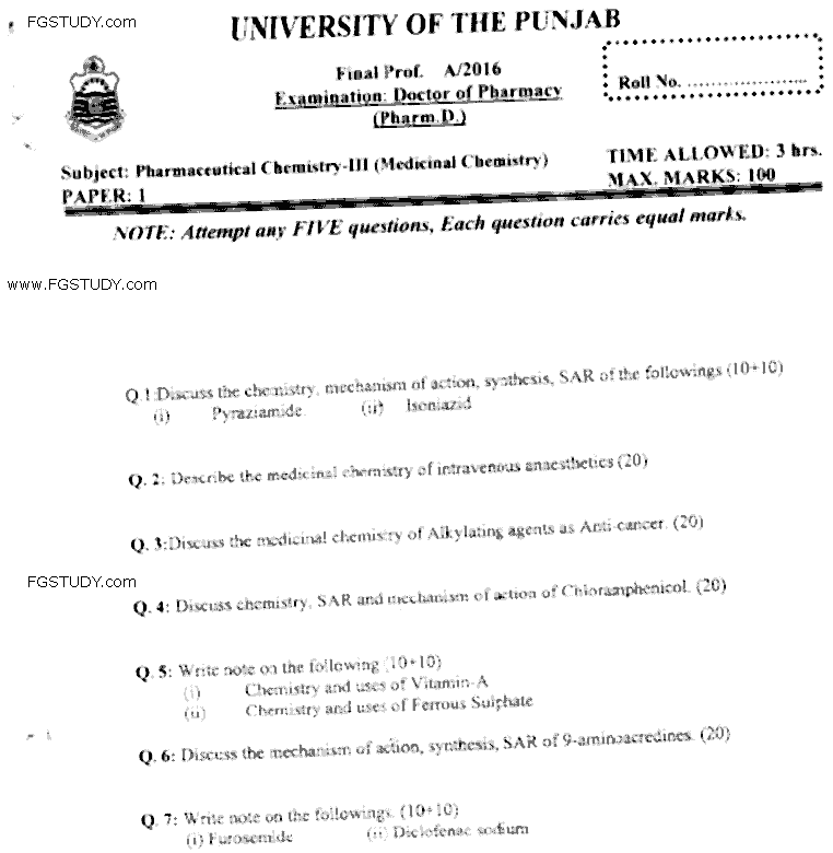 Doctor of Pharmacy Pharmaceutical Chemistry 3 Medicinal Chemistry Past Paper 2016 Punjab University Subjective