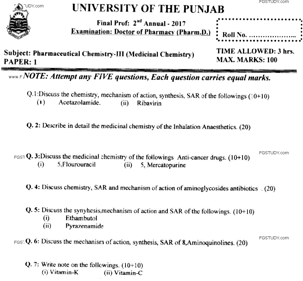 Doctor of Pharmacy Pharmaceutical Chemistry 3 Medicinal Chemistry Past Paper 2017 Punjab University Subjective
