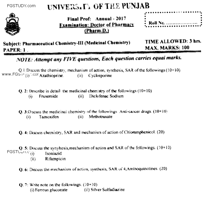 Doctor of Pharmacy Pharmaceutical Chemistry 3 Medicinal Chemistry Past Paper 2017 Punjab University Subjective