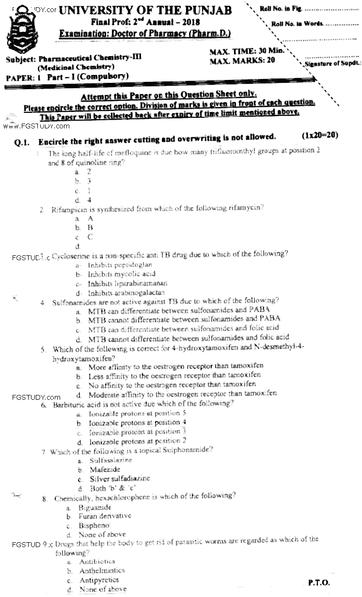 Doctor of Pharmacy Pharmaceutical Chemistry 3 Medicinal Chemistry Past Paper 2018 Punjab University Objective