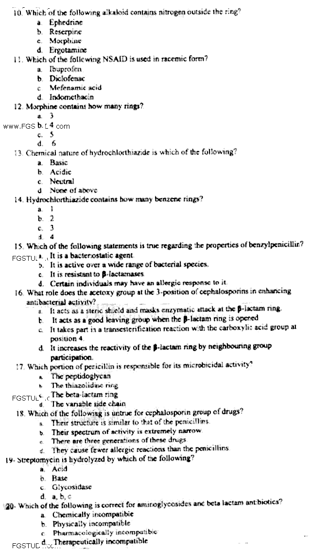 Doctor of Pharmacy Pharmaceutical Chemistry 3 Medicinal Chemistry Past Paper 2018 Punjab University Objective
