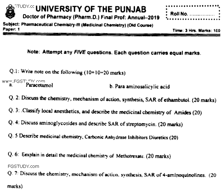 Doctor of Pharmacy Pharmaceutical Chemistry 3 Medicinal Chemistry Past Paper 2019 Punjab University Subjective