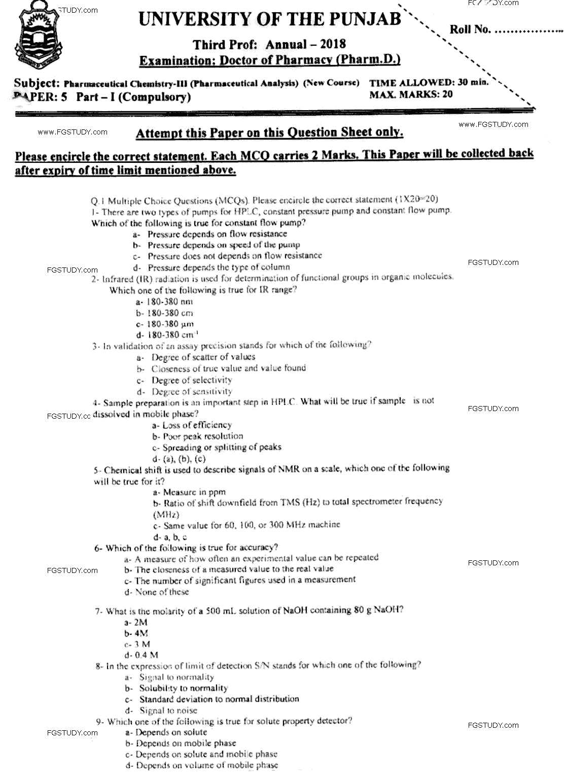 Doctor of Pharmacy Pharmaceutical Chemistry 3 Pharmaceutical Analysis Past Paper 2018 Punjab University Objective