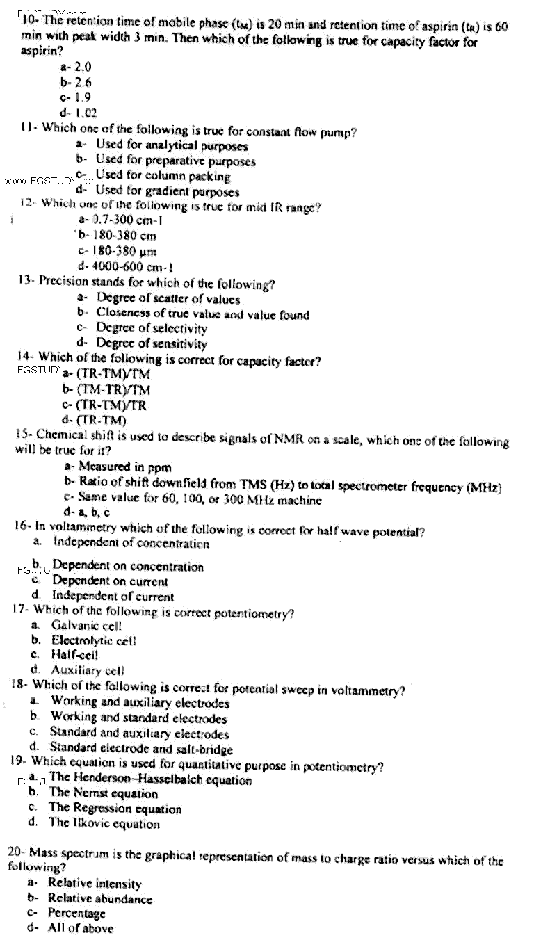 Doctor of Pharmacy Pharmaceutical Chemistry 3 Pharmaceutical Analysis Past Paper 2018 Punjab University Objective