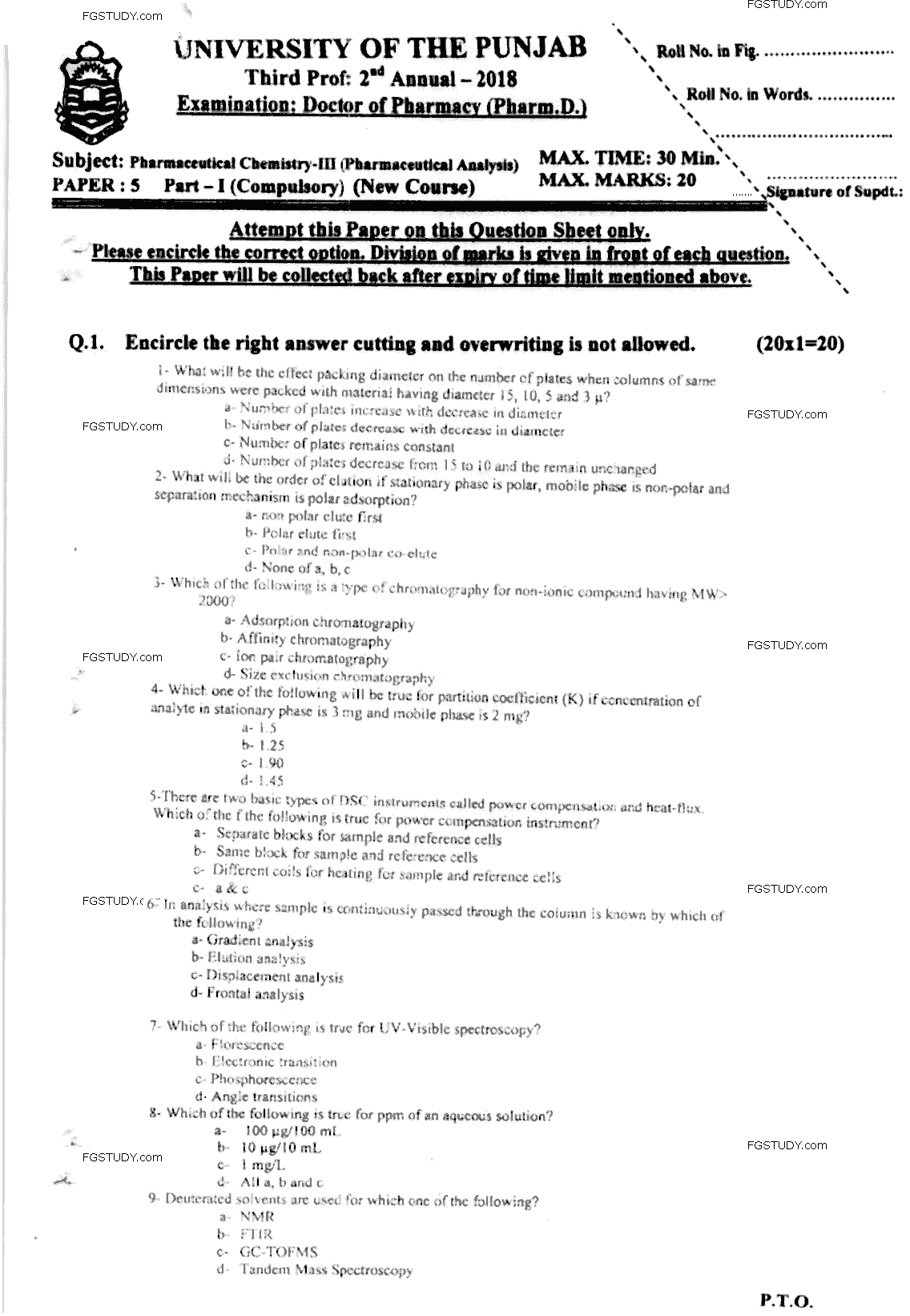Doctor of Pharmacy Pharmaceutical Chemistry 3 Pharmaceutical Analysis Past Paper 2018 Punjab University Objective