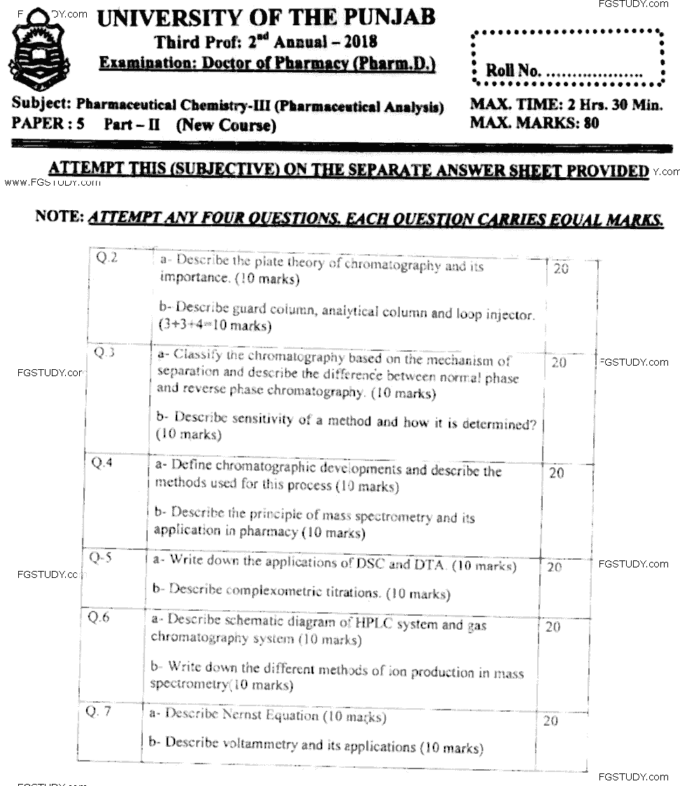 Doctor of Pharmacy Pharmaceutical Chemistry 3 Pharmaceutical Analysis Past Paper 2018 Punjab University Subjective