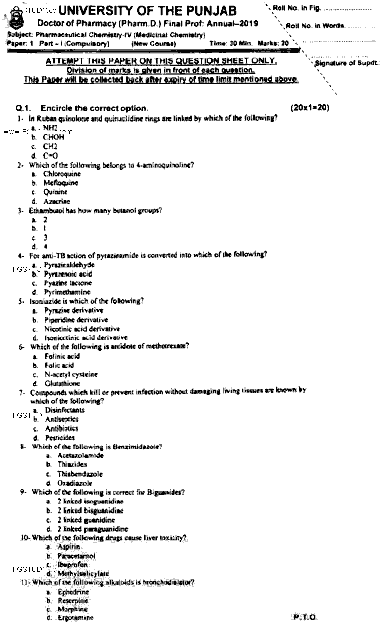 Doctor of Pharmacy Pharmaceutical Chemistry 4 Medicinal Chemistry Past Paper 2019 Punjab University Objective