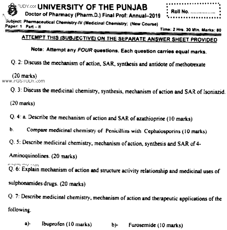 Doctor of Pharmacy Pharmaceutical Chemistry 4 Medicinal Chemistry Past Paper 2019 Punjab University Subjective