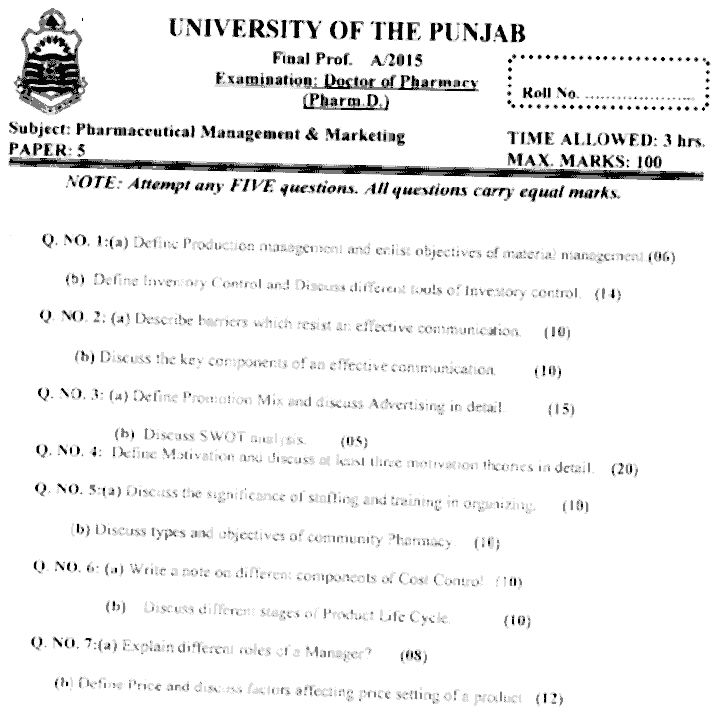 Doctor of Pharmacy Pharmaceutical Management And Marketing Past Paper 2015 Punjab University Subjective