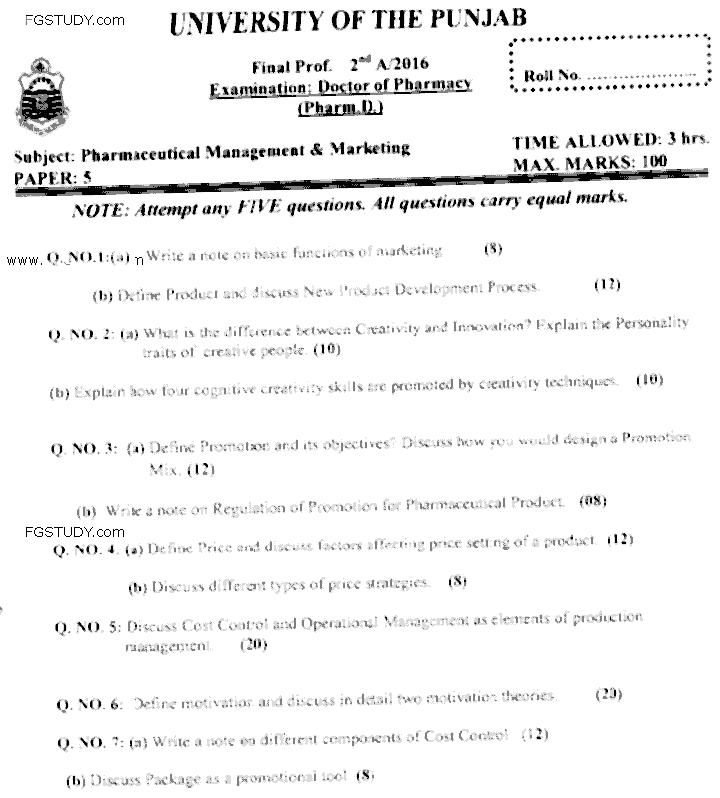 Doctor of Pharmacy Pharmaceutical Management And Marketing Past Paper 2016 Punjab University Subjective
