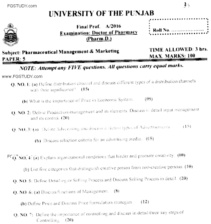 Doctor of Pharmacy Pharmaceutical Management And Marketing Past Paper 2016 Punjab University Subjective
