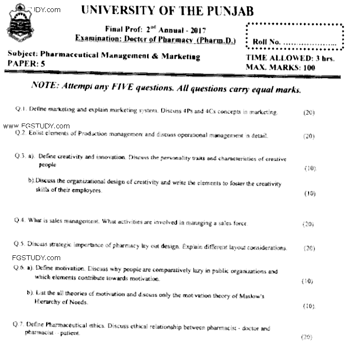 Doctor of Pharmacy Pharmaceutical Management And Marketing Past Paper 2017 Punjab University Subjective