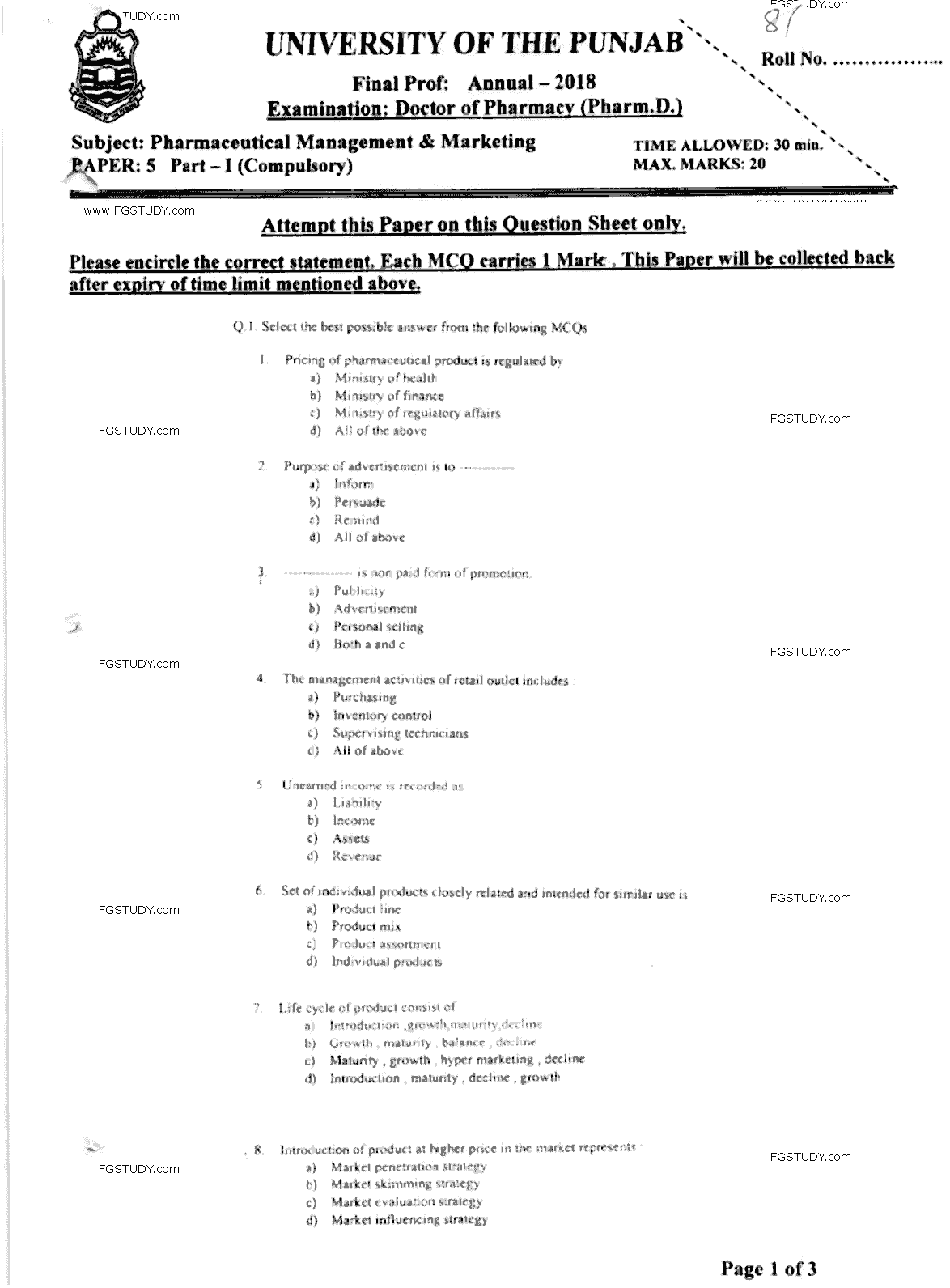 Doctor of Pharmacy Pharmaceutical Management And Marketing Past Paper 2018 Punjab University Objective