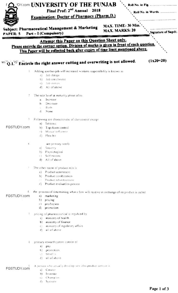 Doctor of Pharmacy Pharmaceutical Management And Marketing Past Paper 2018 Punjab University Objective