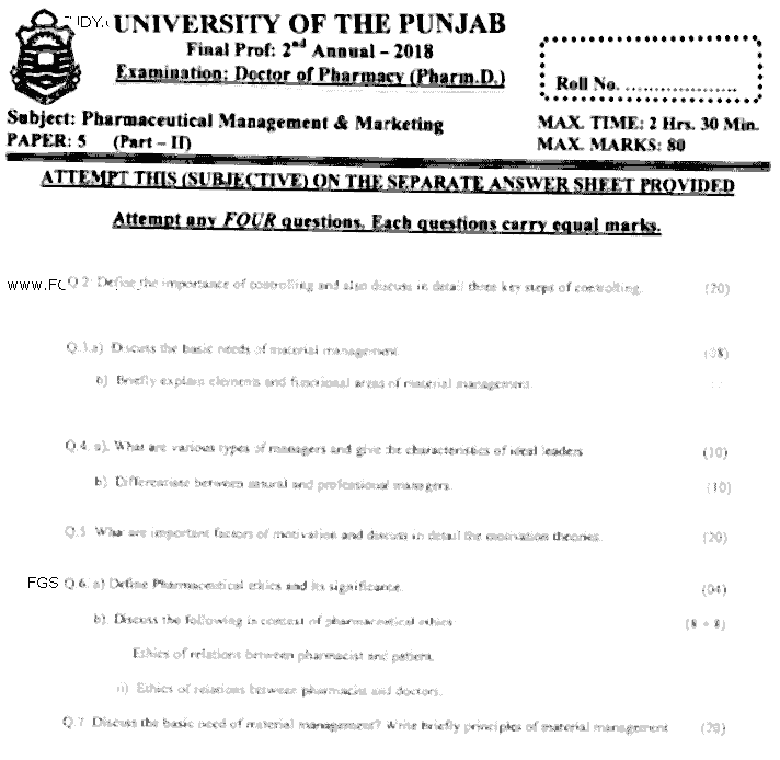 Doctor of Pharmacy Pharmaceutical Management And Marketing Past Paper 2018 Punjab University Subjective