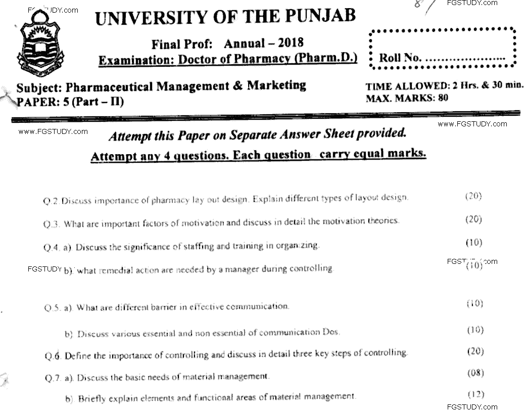 Doctor of Pharmacy Pharmaceutical Management And Marketing Past Paper 2018 Punjab University Subjective