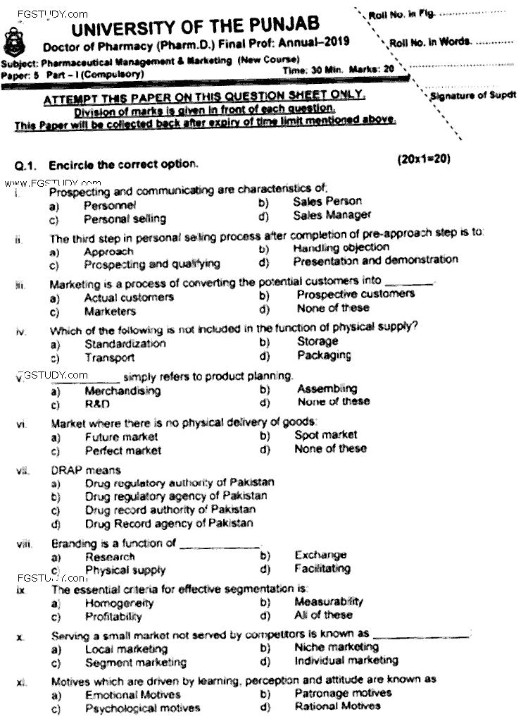 Doctor of Pharmacy Pharmaceutical Management And Marketing Past Paper 2019 Punjab University Objective
