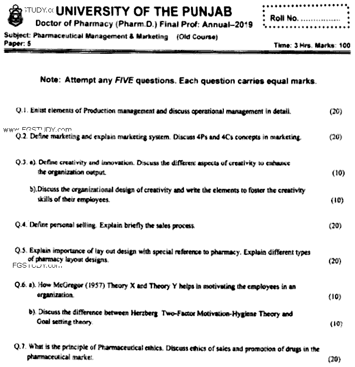 Doctor of Pharmacy Pharmaceutical Management And Marketing Past Paper 2019 Punjab University Subjective
