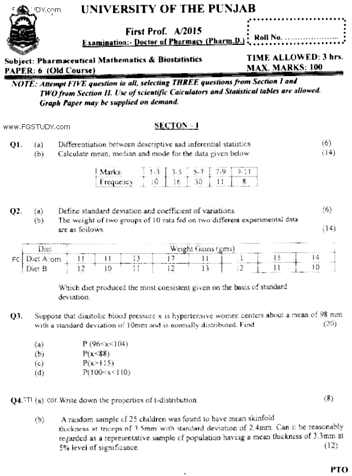 Doctor of Pharmacy Pharmaceutical Mathematics And Biostatistics Past Paper 2015 Punjab University Subjective