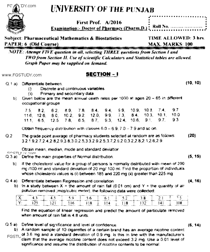 Doctor of Pharmacy Pharmaceutical Mathematics And Biostatistics Past Paper 2016 Punjab University Subjective