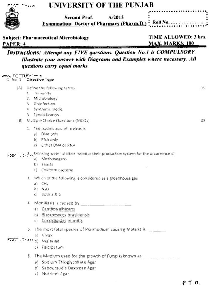 Doctor of Pharmacy Pharmaceutical Microbiology Past Paper 2015 Punjab University Objective