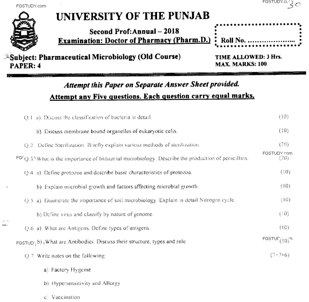Doctor of Pharmacy Pharmaceutical Microbiology Past Paper 2018 Punjab University Subjective