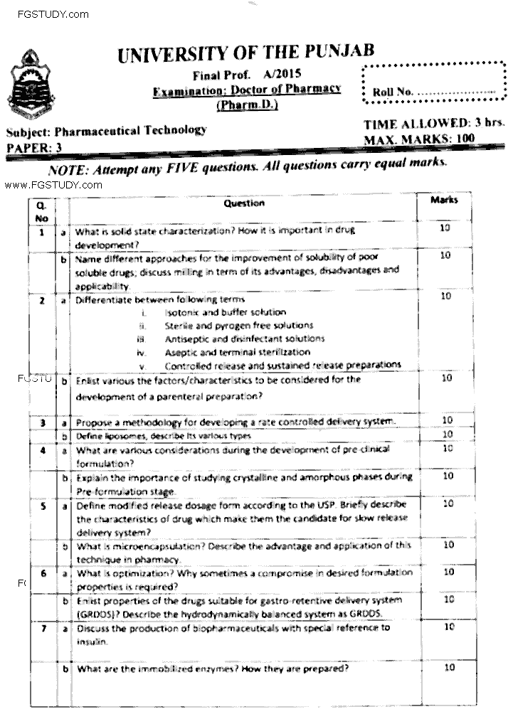 Doctor of Pharmacy Pharmaceutical Technology Past Paper 2015 Punjab University Subjective