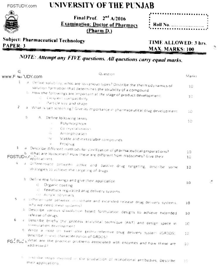 Doctor of Pharmacy Pharmaceutical Technology Past Paper 2016 Punjab University Subjective