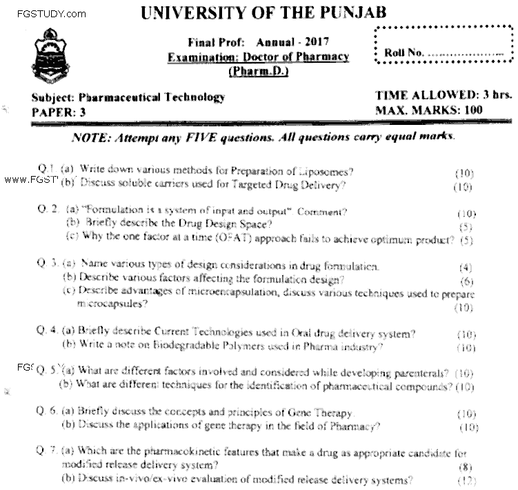 Doctor of Pharmacy Pharmaceutical Technology Past Paper 2017 Punjab University Subjective