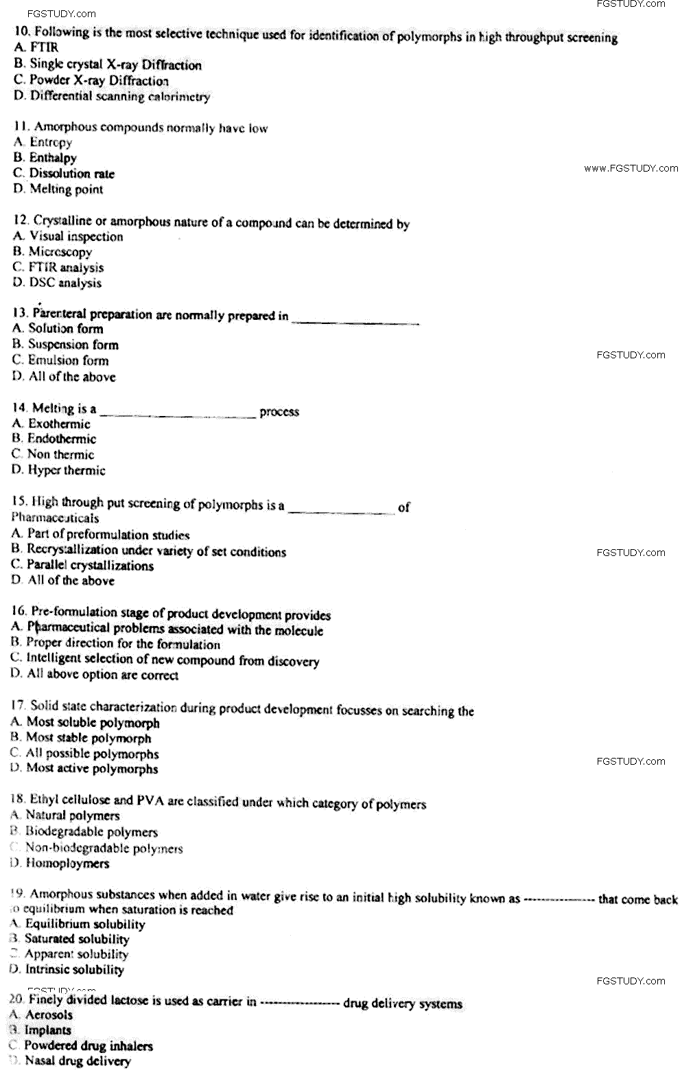 Doctor of Pharmacy Pharmaceutical Technology Past Paper 2018 Punjab University Objective