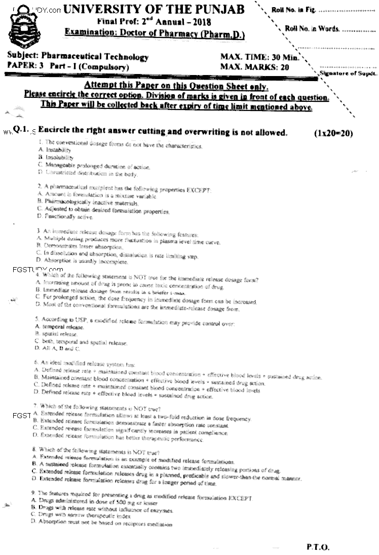 Doctor of Pharmacy Pharmaceutical Technology Past Paper 2018 Punjab University Objective