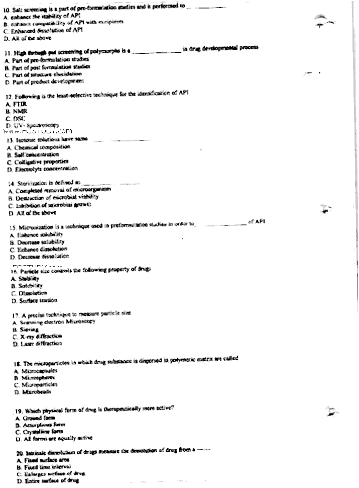 Doctor of Pharmacy Pharmaceutical Technology Past Paper 2018 Punjab University Objective