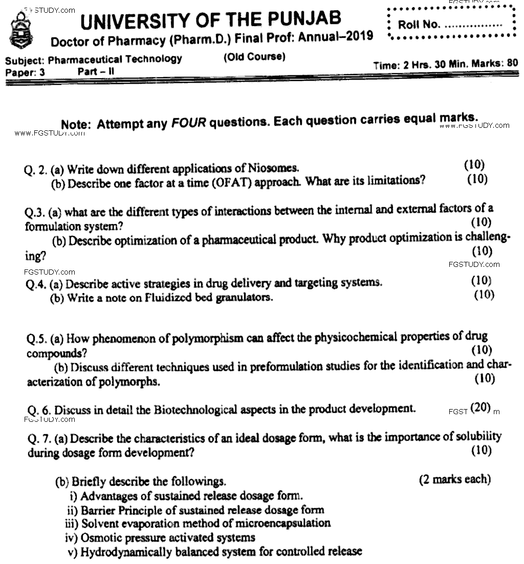 Doctor of Pharmacy Pharmaceutical Technology Past Paper 2019 Punjab University Subjective