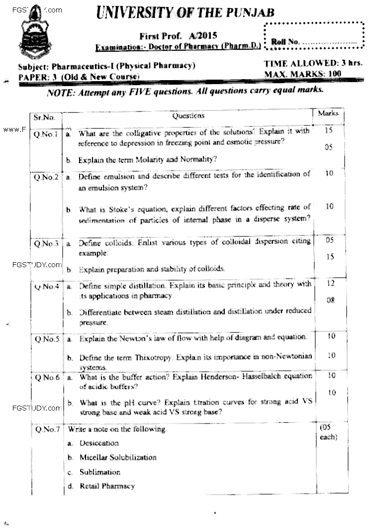 Doctor of Pharmacy Pharmaceutics 1 Physical Pharmacy Past Paper 2015 Punjab University Subjective