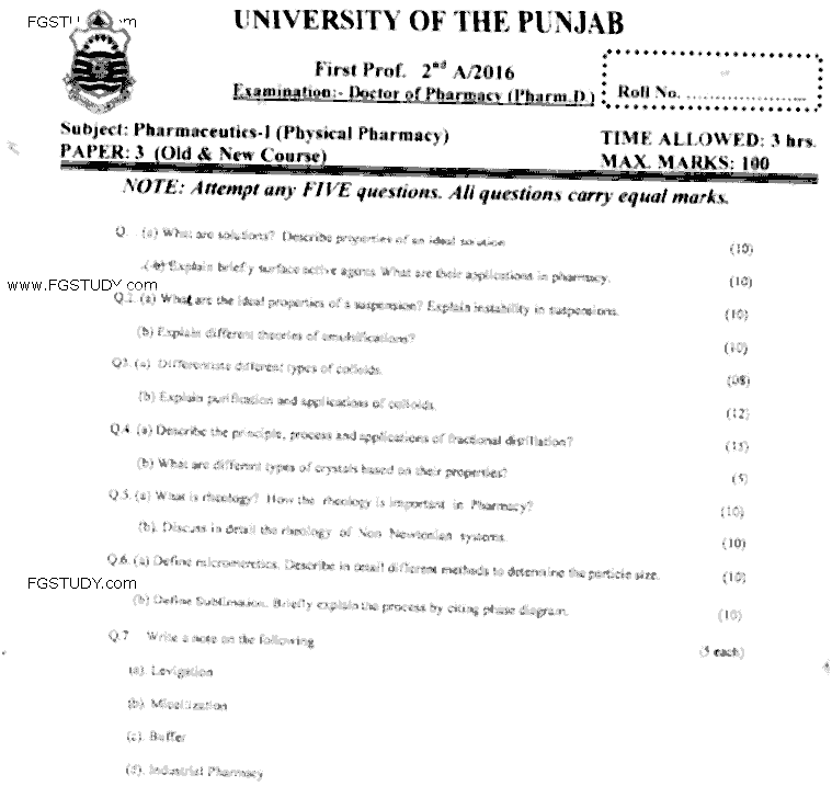 Doctor of Pharmacy Pharmaceutics 1 Physical Pharmacy Past Paper 2016 Punjab University Subjective