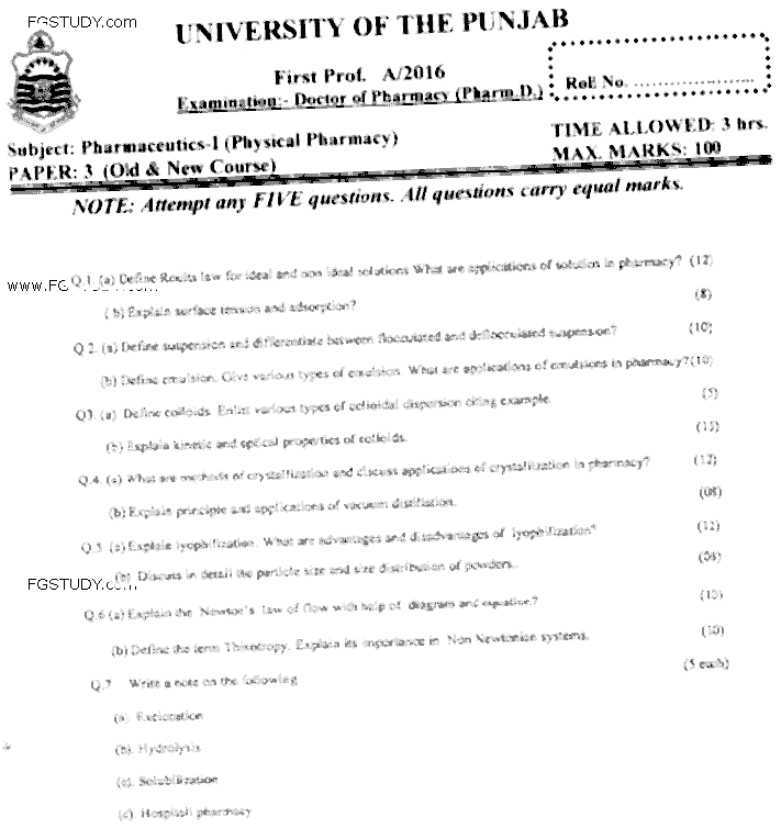 Doctor of Pharmacy Pharmaceutics 1 Physical Pharmacy Past Paper 2016 Punjab University Subjective