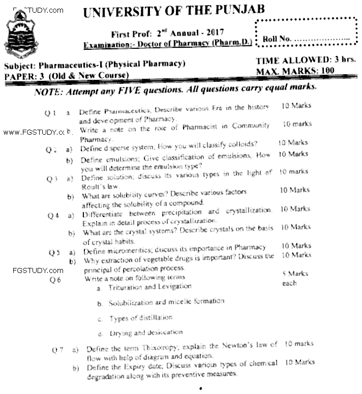 Doctor of Pharmacy Pharmaceutics 1 Physical Pharmacy Past Paper 2017 Punjab University Subjective