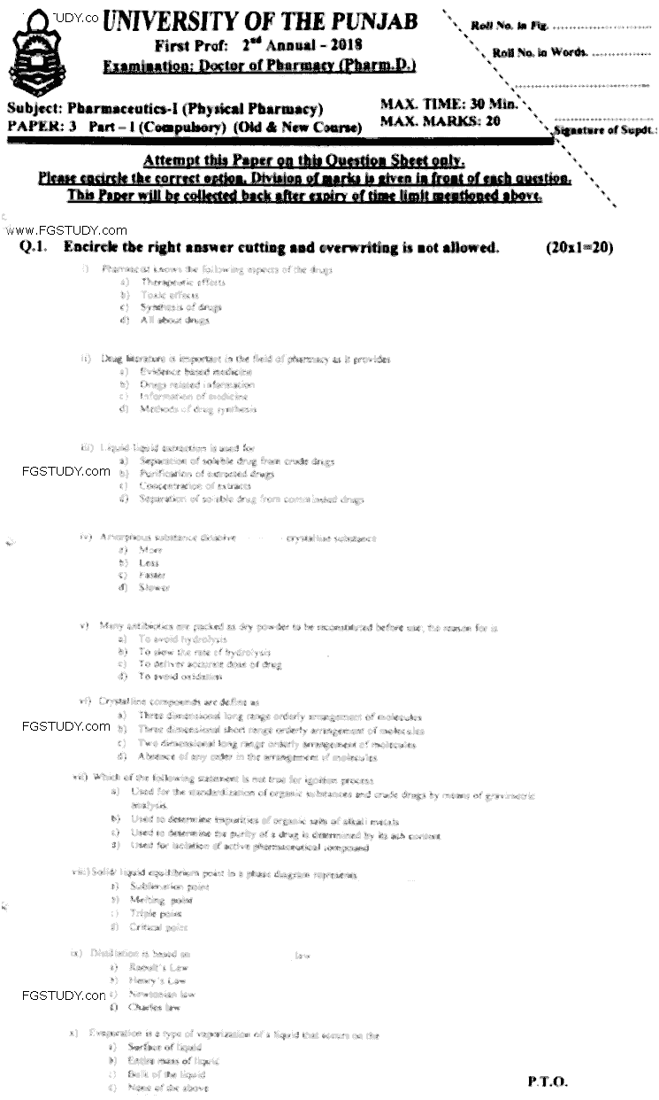 Doctor of Pharmacy Pharmaceutics 1 Physical Pharmacy Past Paper 2018 Punjab University Objective