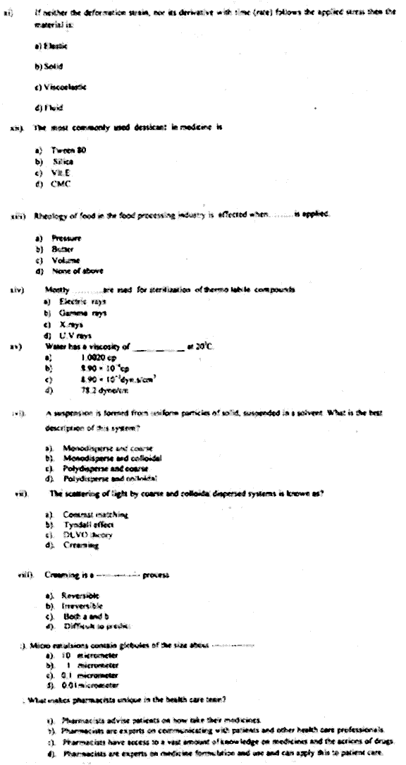 Doctor of Pharmacy Pharmaceutics 1 Physical Pharmacy Past Paper 2018 Punjab University Objective