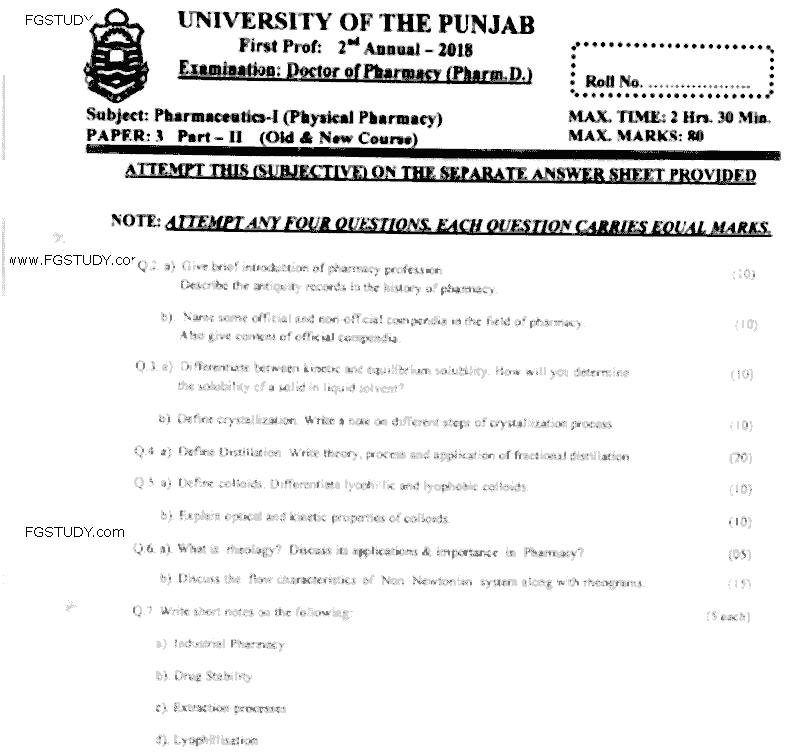 Doctor of Pharmacy Pharmaceutics 1 Physical Pharmacy Past Paper 2018 Punjab University Subjective