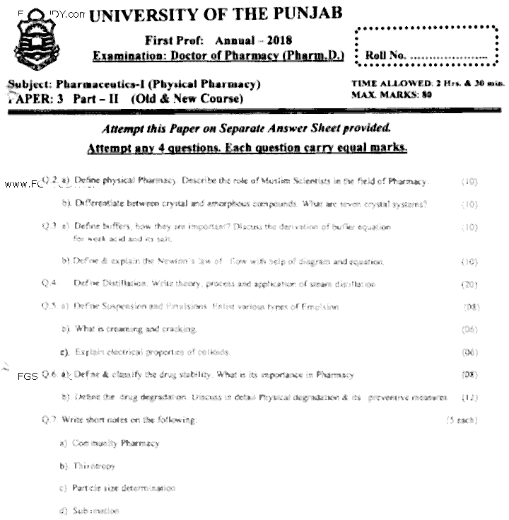 Doctor of Pharmacy Pharmaceutics 1 Physical Pharmacy Past Paper 2018 Punjab University Subjective