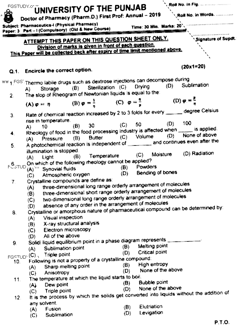 Doctor of Pharmacy Pharmaceutics 1 Physical Pharmacy Past Paper 2019 Punjab University Objective